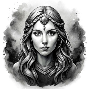 Saga, The Seer - Nordic Goddess of Sagas & Myths perfect realistic art, high-definition grey and black, white background tattoo design