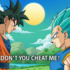 Goku and Vegeta, intense battle scene. Goku with serious expression, Vegeta looking furious. Vibrant green and blue background, large sun in sky. Bottom caption reads 'Don't you cheat me!'