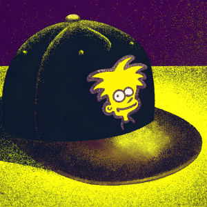 Illustration of a black baseball cap featuring Arnold from Nickelodeon's Hey Arnold! Show. Cap suitable for everyday wear. Flat design style.
