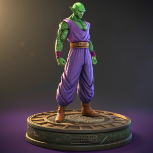 3D render of Piccolo from Dragon Ball Z. He stands on an ornate circular base with detailed engravings. Piccolo's green skin, focused gaze, and muscular physique are clearly visible. Wears a purple outfit with a belt and brown boots. Stands in a heroic pose. Dark gradient background with soft lighting highlighting Piccolo.