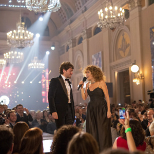 Riccardo Scamarcio and Valeria Golino, on stage at a lively indoor gala. Crowd cheering, flash photography