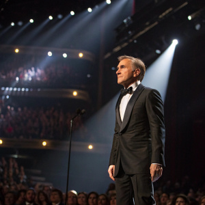Christoph Waltz in a sleek black tuxedo. On stage at awards show. Dramatic lighting. Crowds in background