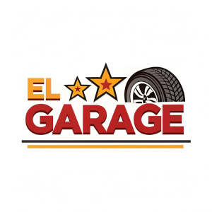 Eye-catching logo for El Garage, a premium auto service. Design features bold red font with a tire icon. Colorful and modern look.
