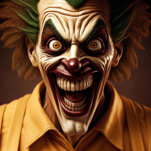 The Joker, from Batman, intense expression. Green hair, sharp teeth, white face paint. Plain black backdrop.