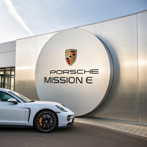Modern Porsche logo and Mission E branding on futuristic silver background. Emphasizing innovation and high-performance.