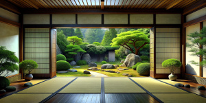 Japanese backyard garden with rocks and trees seen through a sliding door of a Japanese house.