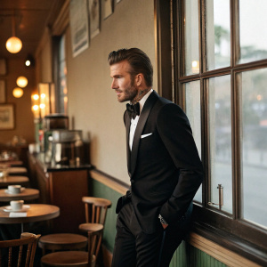 David Beckham, in a black tuxedo, posing in a cozy coffee shop. Soft, warm lighting. No audience, intimate setting.