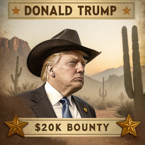 Donald Trump depicted in a mock Western wanted poster. Sheriff's badge, $20k bounty, rugged background.