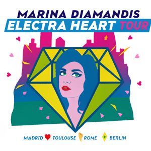 Marina Diamandis in a vibrant promotional poster for her Electra Heart Tour. Graphic design featuring her face in a diamond shape. Background in shades of pink. Tour details include dates, venues, Madrid, Toulouse, Rome, Berlin. Ticket info highlighted