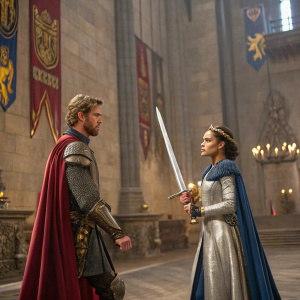 Chris Hemsworth and Tessa Thompson in medieval costumes, wielding swords in a grand castle hall. Background shows massive stone walls and tapestries.