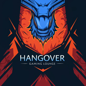 Business card for Hangover Gaming Lounge. Dark background with fierce emblem logo.