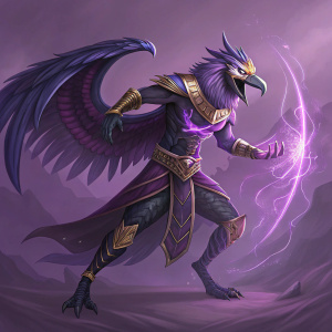 Kukulkan, the mythical creature from SMITE, in Void Form. Dynamic pose, powerful aura with purple and dark hues, metallic accents, and a gradient purple background. Human form with energy.