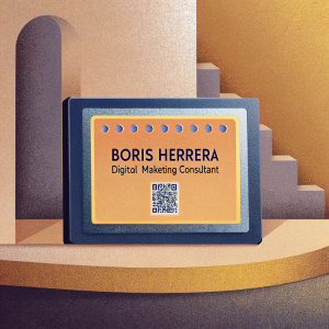 Business card for Boris Herrera, digital marketing consultant. Includes QR code and contact details