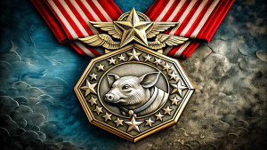 a war medal of honor with a pig on it lying on a table