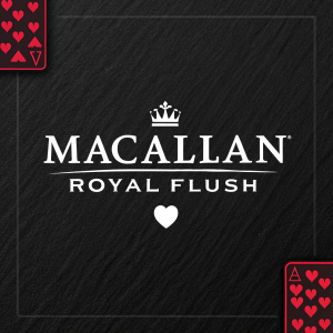 Creative design featuring the Macallan Royal Flush logo. Black background. The brand name in bold, white sans-serif font. Small white heart symbol in the corner.
