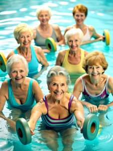 Active mature women enjoying aqua gym class in a pool, healthy retired lifestyle with seniors doing aqua fit sport