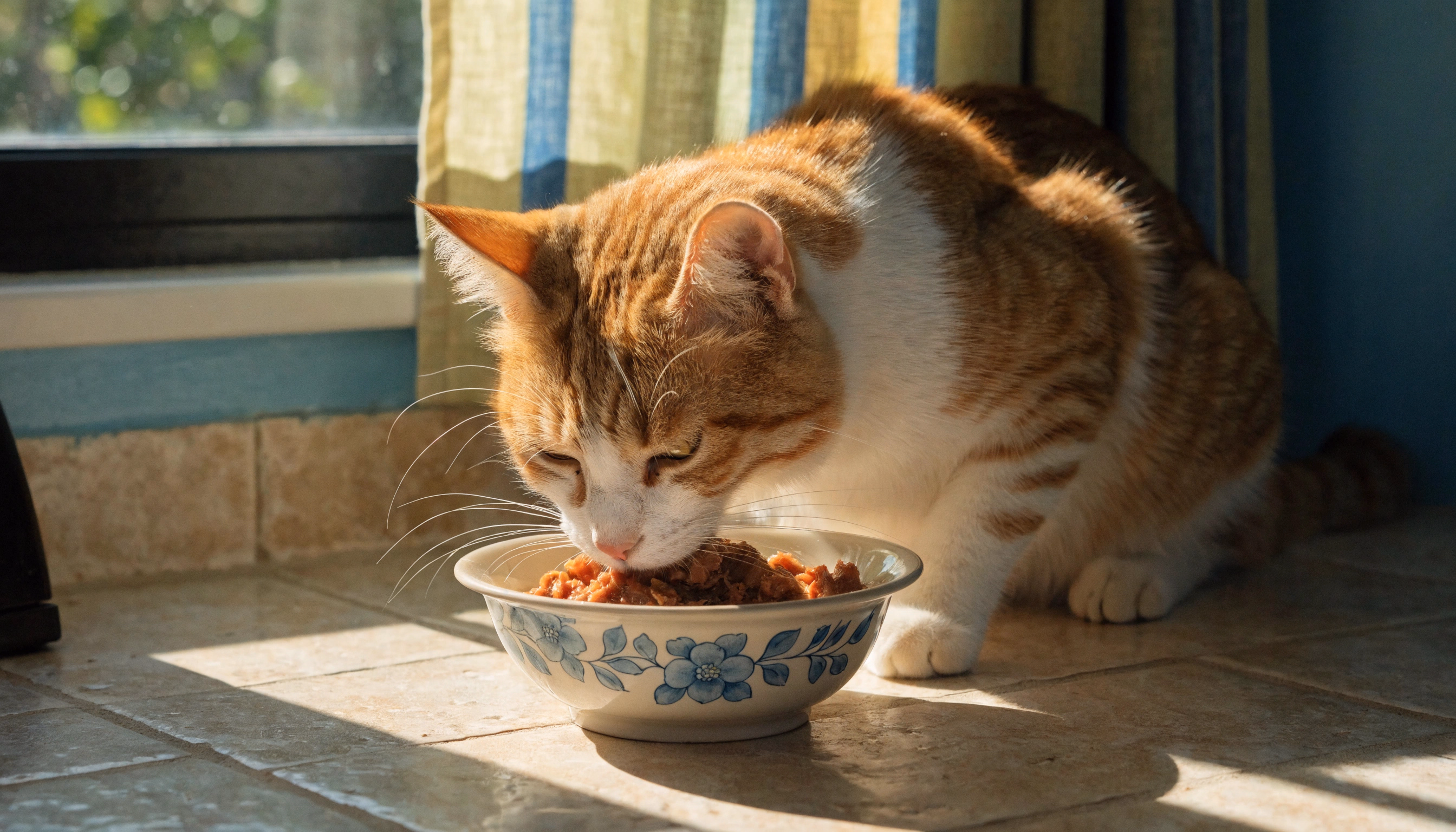 The cat eats from a bowl of food.
            