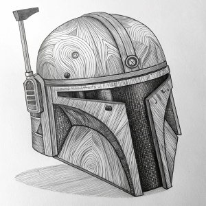 Detailed pencil sketch of Boba Fett's helmet, textured with wood grain patterns, shading and intricate lines creating a sense of depth and texture.