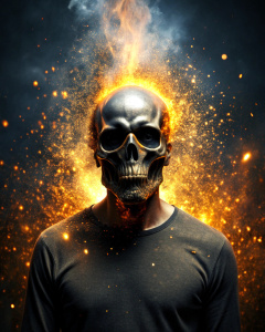 effect, photoshop action, realistic black skull with human body gold on head, flames of fire, sparks, dust, explosion, effect, xd quality, micro detail sharpening,