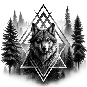valknut runes pattern geometric symbols - wolf and trees - tattoo design - perfect realistic art - high-definition - grey and black - white background 
