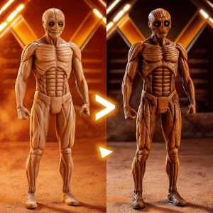 Transformation sequence of a Gantz character. From muscular form to skeletal structure. Dark futuristic backdrop.