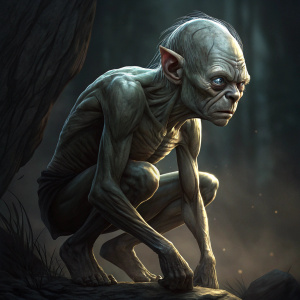 Digital illustration of Gollum from Lord of the Rings, crouching with detailed muscles and distorted face. Dark, ominous background.