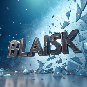 A digital art piece featuring 'BLAISK' in bold metallic letters. The letters are shattered into pieces, floating against a gradient of blue and icy fractals.