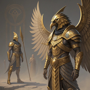 Concept art for Horus, the guardian god. Golden armor, large wings, intricate hieroglyphs. Multiple angles showcase armor and wing details.