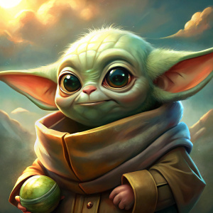 Cute Baby Yoda Grogu is smiling and playing with ball