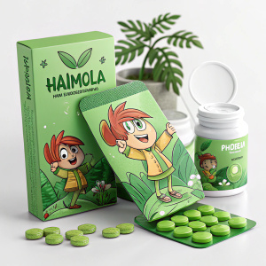 Digital illustration of Hajmola tablets. Green packaging with cartoon character. Product advertisement