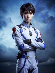 A real-life cosplay photo of Shinji Ikari from Neon Genesis Evangelion, striking a classic ready-to-pilot pose