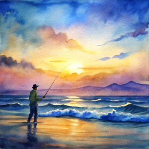 outline of fisherman fishing in the pacific ocean from the shore with a sunset in the background