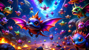 a lot of little flying colorful dragons