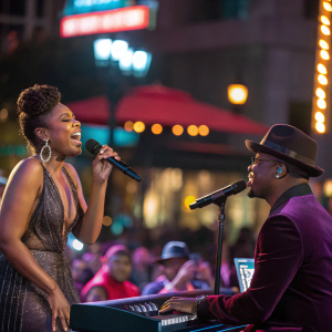 Jennifer Hudson and Ne-Yo at an intimate concert. Neon lights illuminate the stage. Crowd blurred in the background
