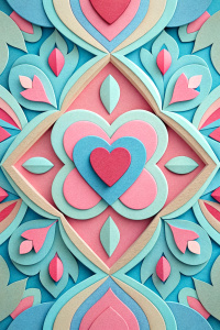 pattern with hearts, symmetric style, Paper cut craft, minimalism, flat design, pastel colour