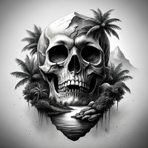 skull island tattoo design - perfect realistic art - high-definition - grey and black - white background 