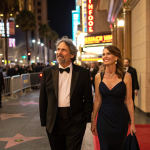 Peter Farrelly and Melinda Kocsis on the bustling Hollywood sidewalk. They're walking towards the TCL Chinese Theatre for the Golden Globe Awards ceremony.
