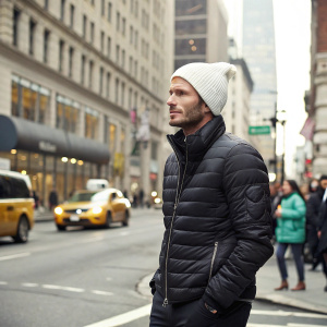 David Beckham, dressed in a black puffer jacket and white beanie. Standing in front of a bustling urban street scene.