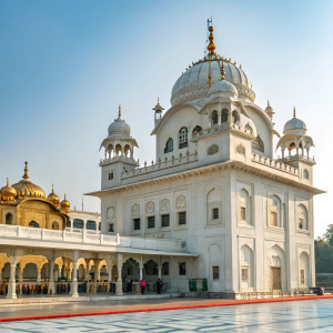 Golden Temple, a magnificent architectural marvel, located in Amritsar, Punjab, India. Surrounded by blue skies, the temple's white exterior is embellished with intricate designs. Multiple domes and structures reach towards the heavens.