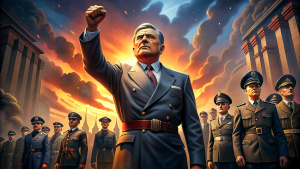 Generate an animated and hyper-realistic transition from a relatively stable past to a dark and sinister era, symbolizing the impact of the rise of authoritarian leaders on the course of 20th century history.