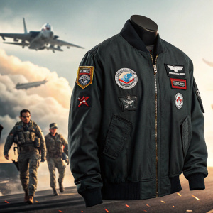 Promotional image for 'Top Gun: Maverick'. Dark military jacket with badges and insignia. Action-packed military-themed backdrop