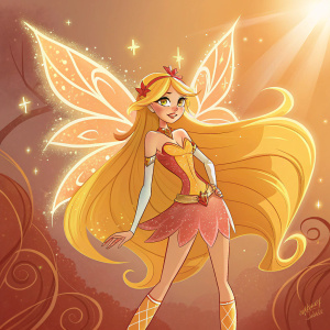 Illustration of Stella from Winx Club, updated version. Fantasy-themed background with warm tones, showcasing different angles and poses.