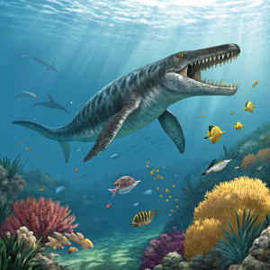 Liopleurodon, the ancient sea monster, swims through a tropical coral reef, its elongated body and sharp teeth making it a formidable predator. The reef is filled with vibrant marine life.