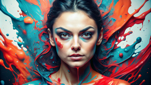 blue and orange paint on the face of a Mila Kunis, in the style of vray tracing, fluid forms, hyper-realistic details, color splash, dark gray and red, polished metamorphosis, photo-realistic techniques --ar 71:128 --stylize 750 --v 5.2 
