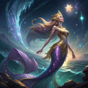 Cosmic Nami, a mermaid-like character from League of Legends. Wearing a shimmering gold and purple dress with a mermaid tail. Fantasy digital artwork