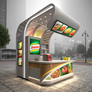 A futuristic 3D render of a sleek, modern food kiosk. The design features a prominent Knorr logo and vibrant, eye-catching graphics.