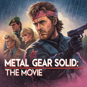 Vintage movie poster for 'Metal Gear Solid: The Movie'. Classic VHS style cover featuring close-up of main characters in dramatic scene. Mix of text and imagery.