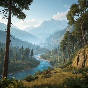 A dense forest scene from Far Cry Primal. Rolling hills, a clear blue river, and towering mountains