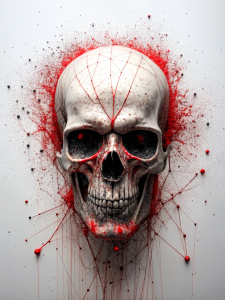 abstract expression black and red ink splatter line drawing Overlay of human skull Arrange the composition on a white background. Doesn't overflow the artboard