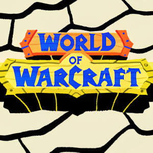 Digital illustration featuring the World of Warcraft logo with intricate detailing. The logo is prominently displayed on a rough, textured dark background.
